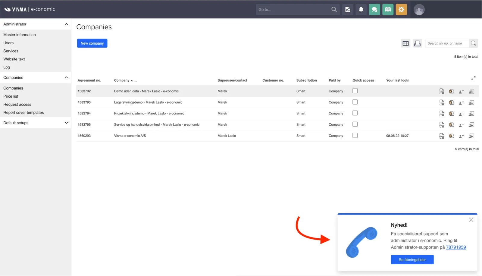 Side-box component to inform administrator users about a new specialized support number