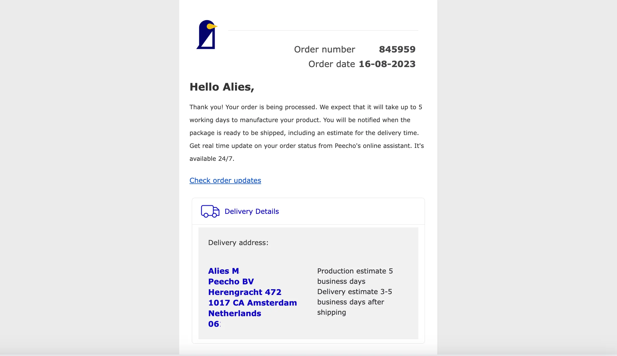 Peecho order confirmation email