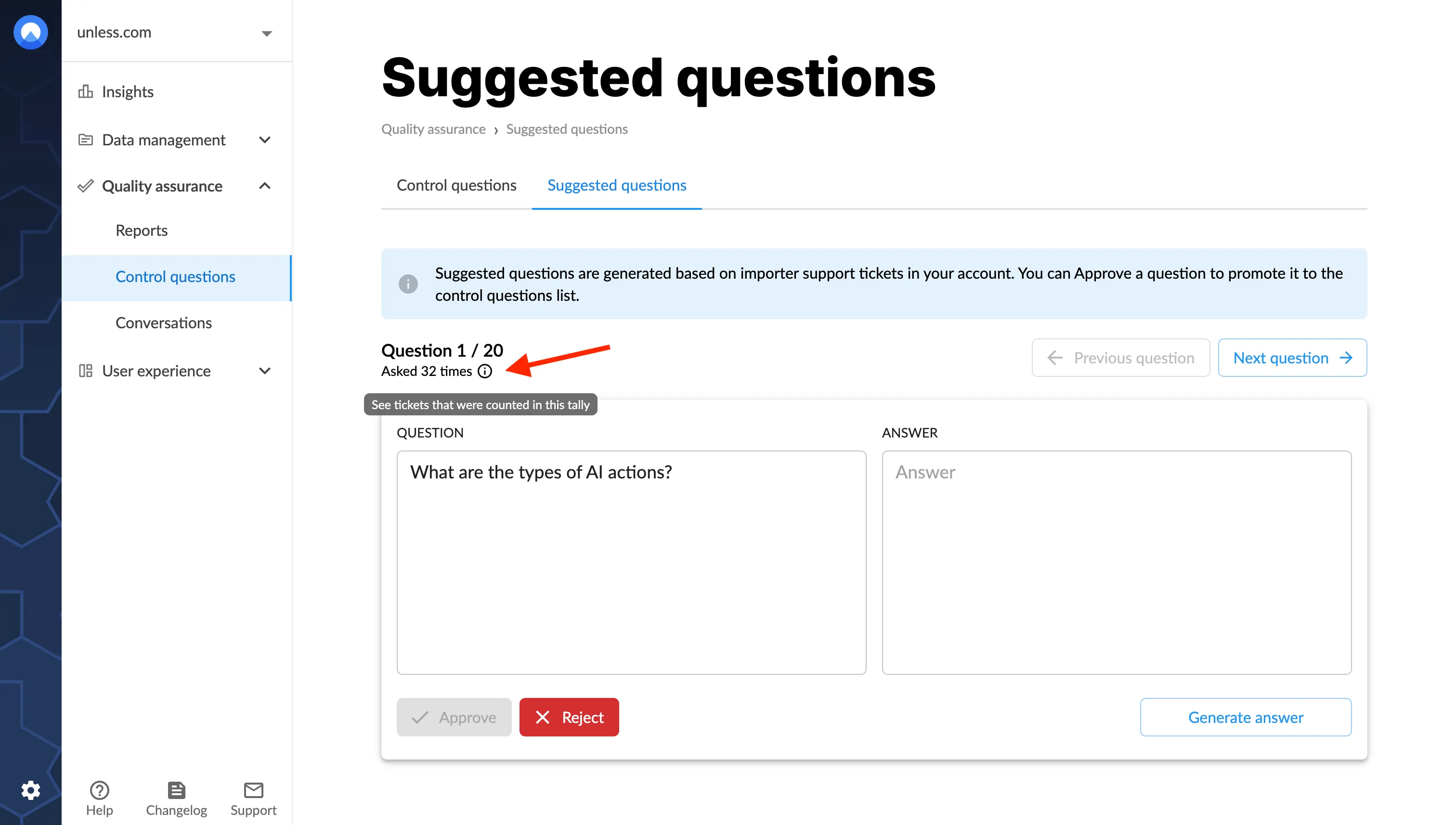 View the tickets that resulted in your suggested questions