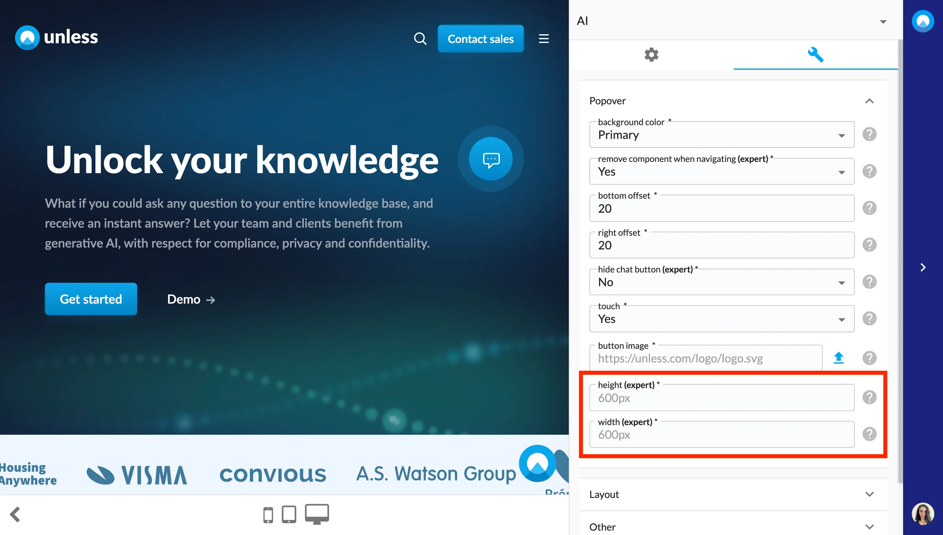 Adjusting the dimensions of the chat pop-up via expert settings