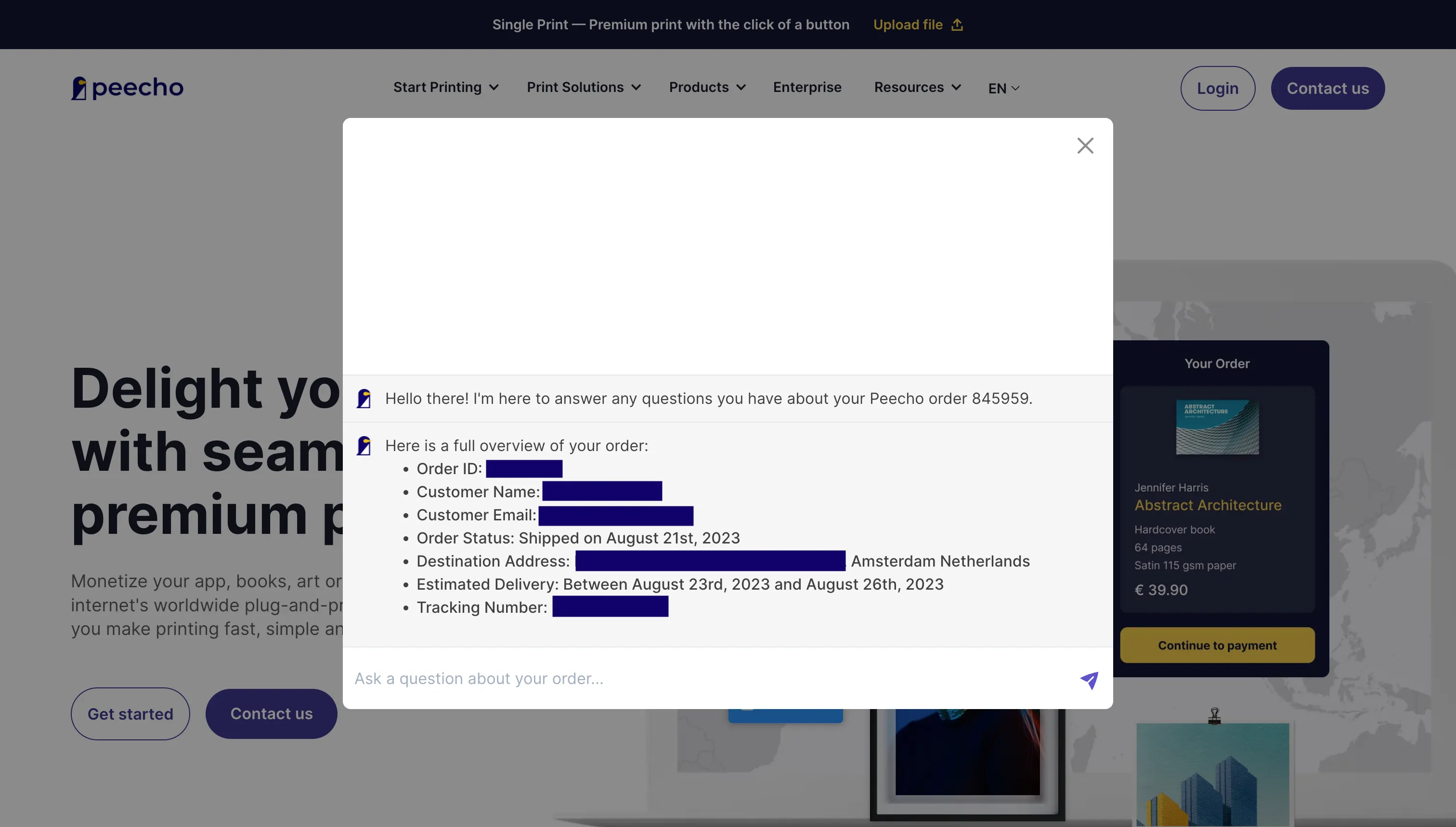 Peecho website with the AI assistant in full view as an overlay component