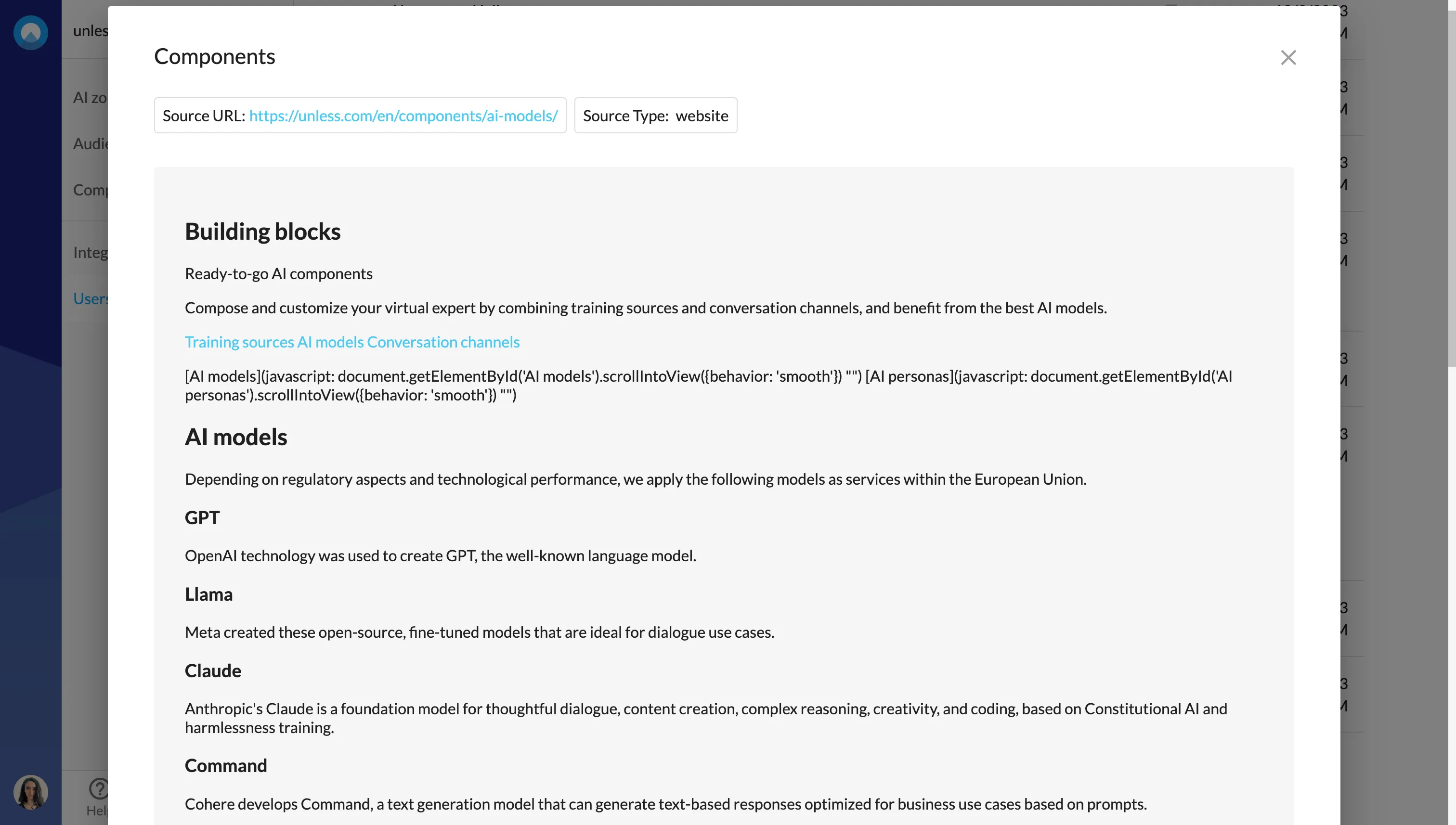 Showing the exact content that was indexed as a training source