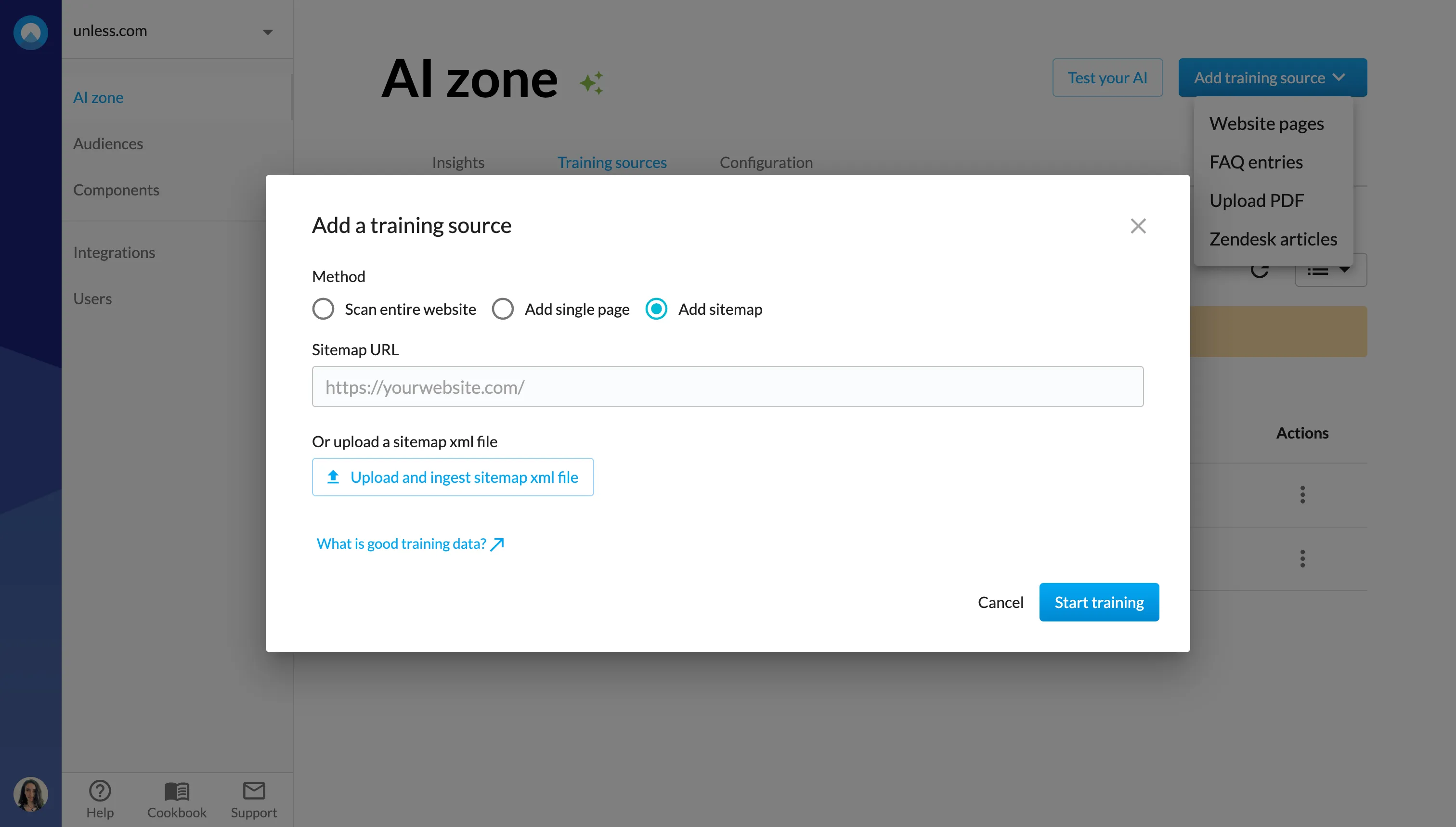 Adding a sitemap as a training source